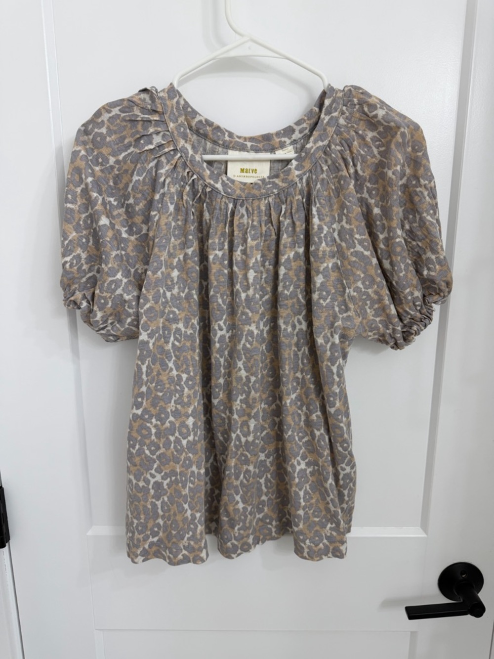 Anthropologie Maeve Neutral Leopard-Print Puff Sleeve Blouse